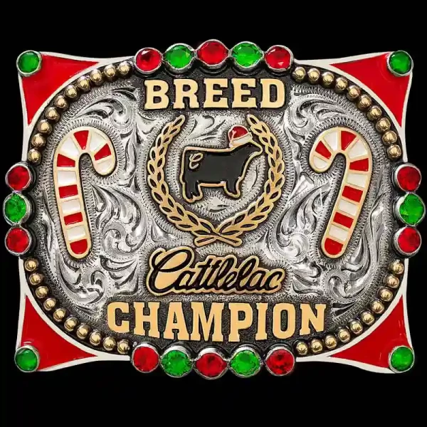 "Festive Flair for Every Cowboy and Cowgirl! Our Noel Buckle is crafted on a hand-engraved, German Silver base. Featuring intricate engraving, vibrant red and green cubic zirconia stones along the edges and hand-painted emblems on the Jeweler's Bronz
